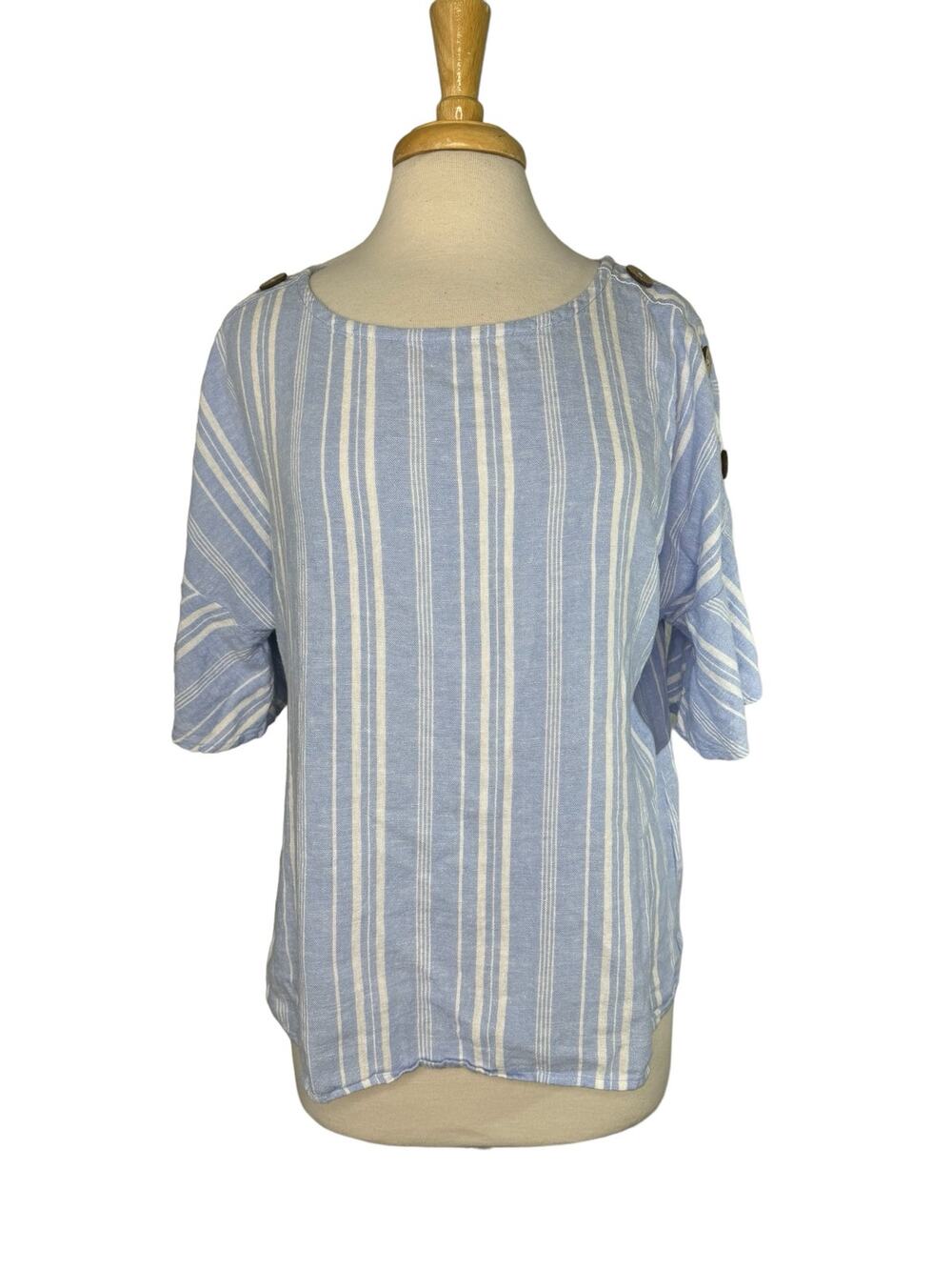 ELLEN TRACY Blue White Stripe Linen Viscose Blend Blouse Size Medium Button